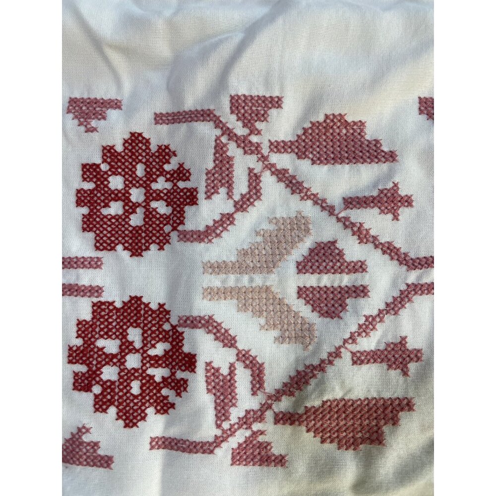 Off-Shoulder White Boho Dress With Embroidered Red Floral Accents & Ruffle Sleev - Picture 3 of 6
